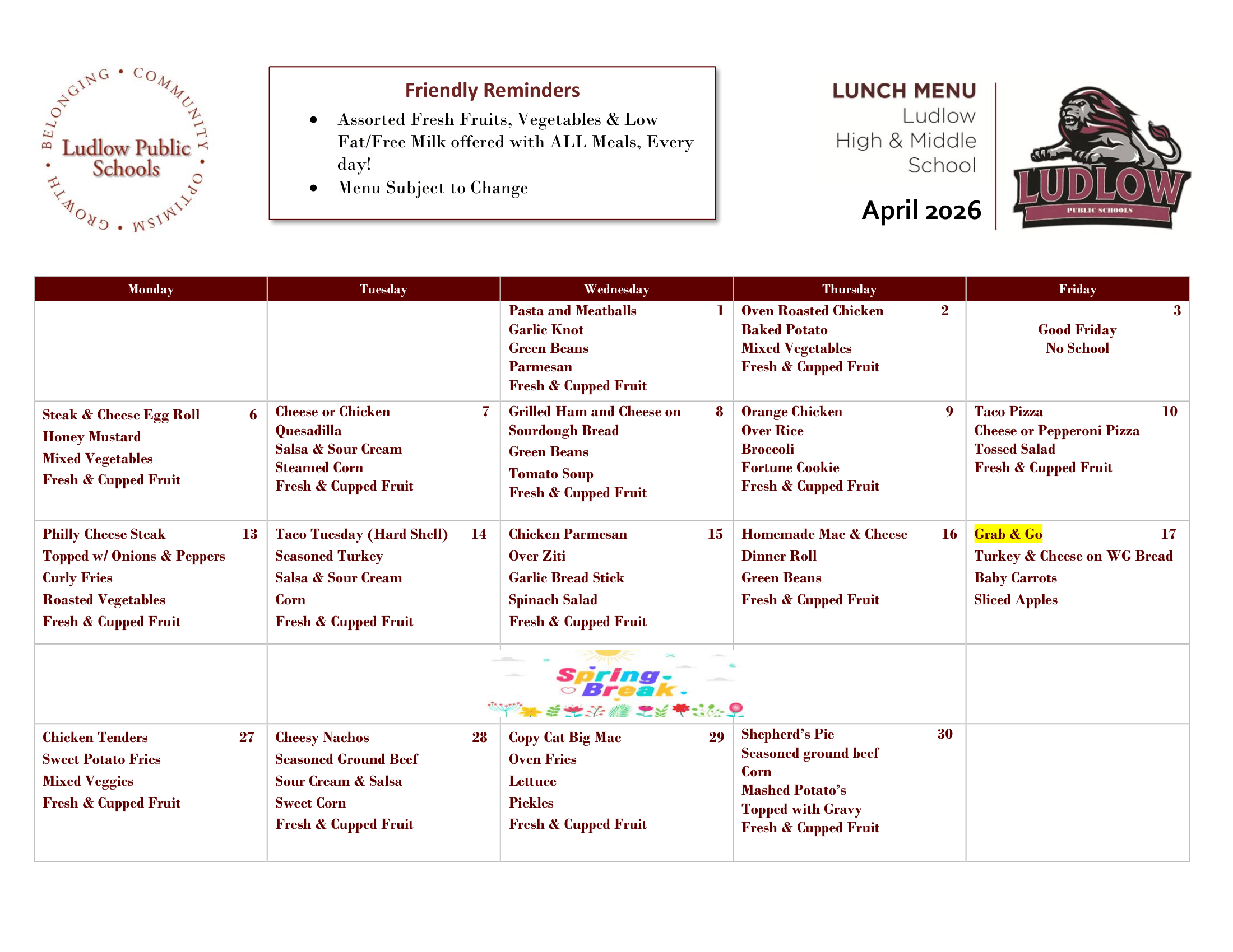 April 2024 Lunch Menu